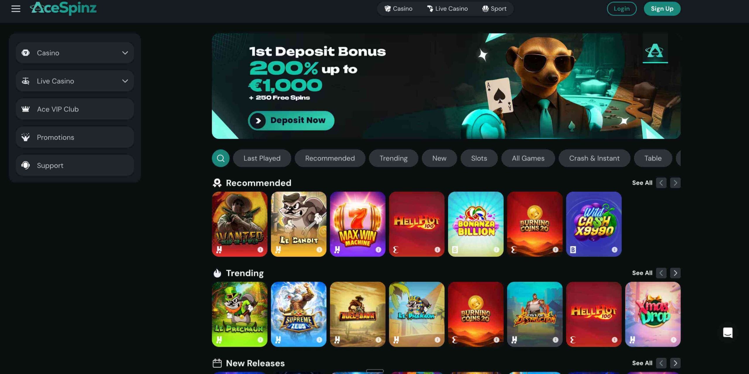 AceSpinz Casino lobby screenshot
