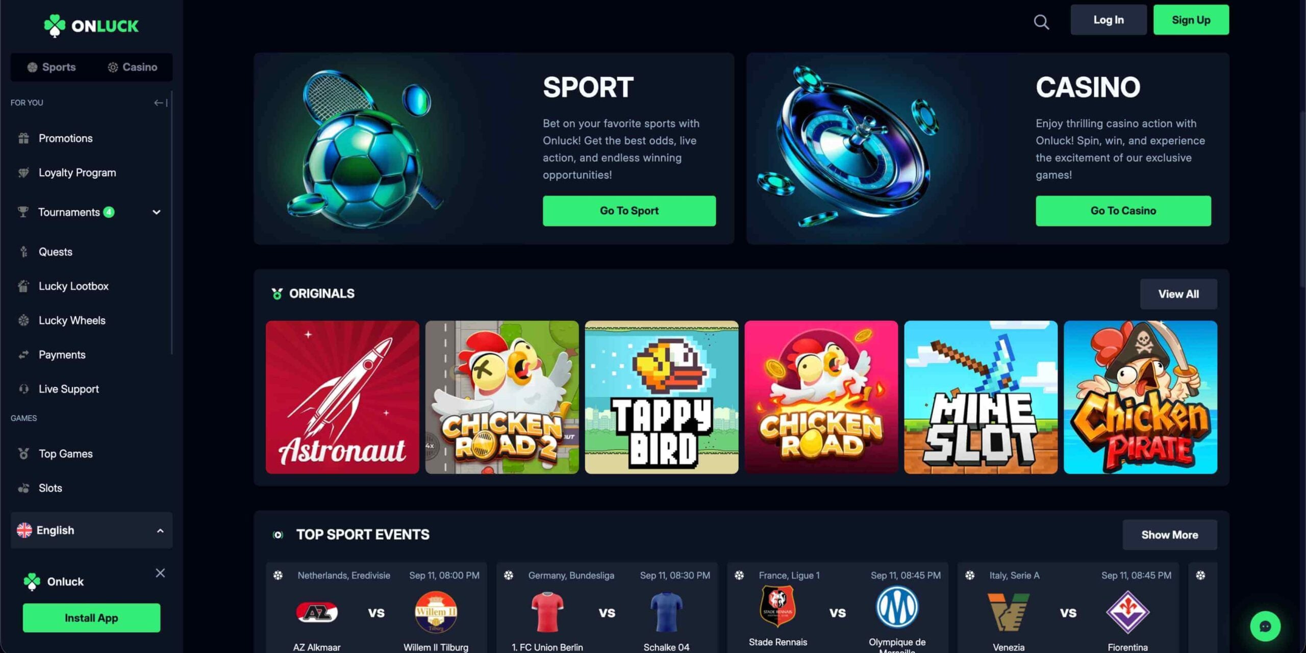 Onluck Casino lobby screenshot